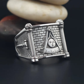 Anillo de la Logia Azul de Past Master - Cuadrante y Brújula Sol con Pilares Gemelos en Plata de Ley