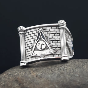 Anillo de la Logia Azul de Past Master - Cuadrante y Brújula Sol con Pilares Gemelos en Plata de Ley
