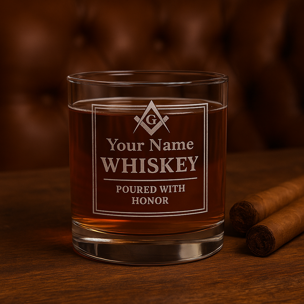Master Mason Blue Lodge Whiskey Glass - Poured with Honor S&C G with Personalization - Bricks Masons