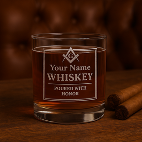 Master Mason Blue Lodge Whiskey Glass - Poured with Honor S&C G with Personalization - Bricks Masons