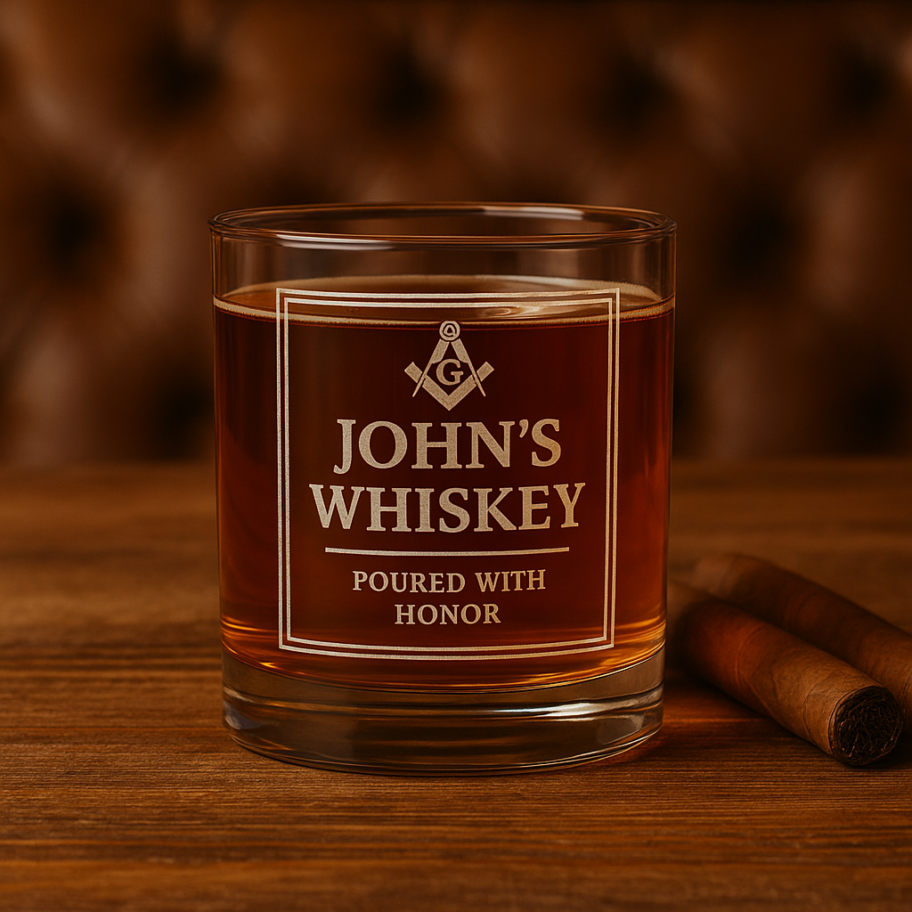 Master Mason Blue Lodge Whiskey Glass - Poured with Honor S&C G with Personalization - Bricks Masons