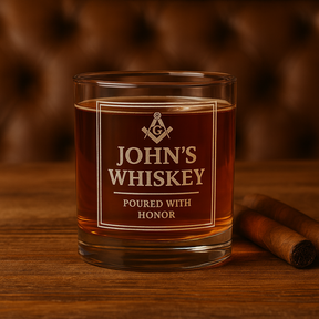 Master Mason Blue Lodge Whiskey Glass - Poured with Honor S&C G with Personalization - Bricks Masons
