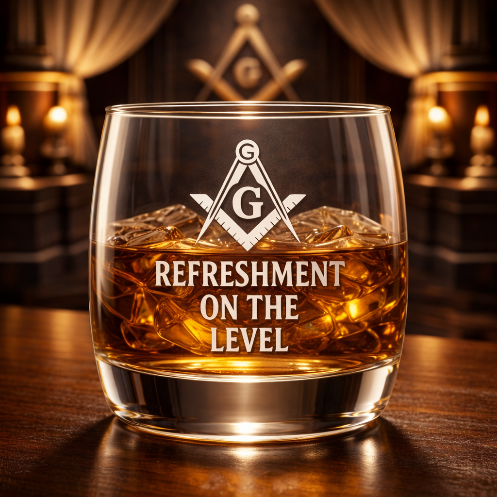 Master Mason Blue Lodge Whiskey Glass - Refreshment On The Level Square & Compass G