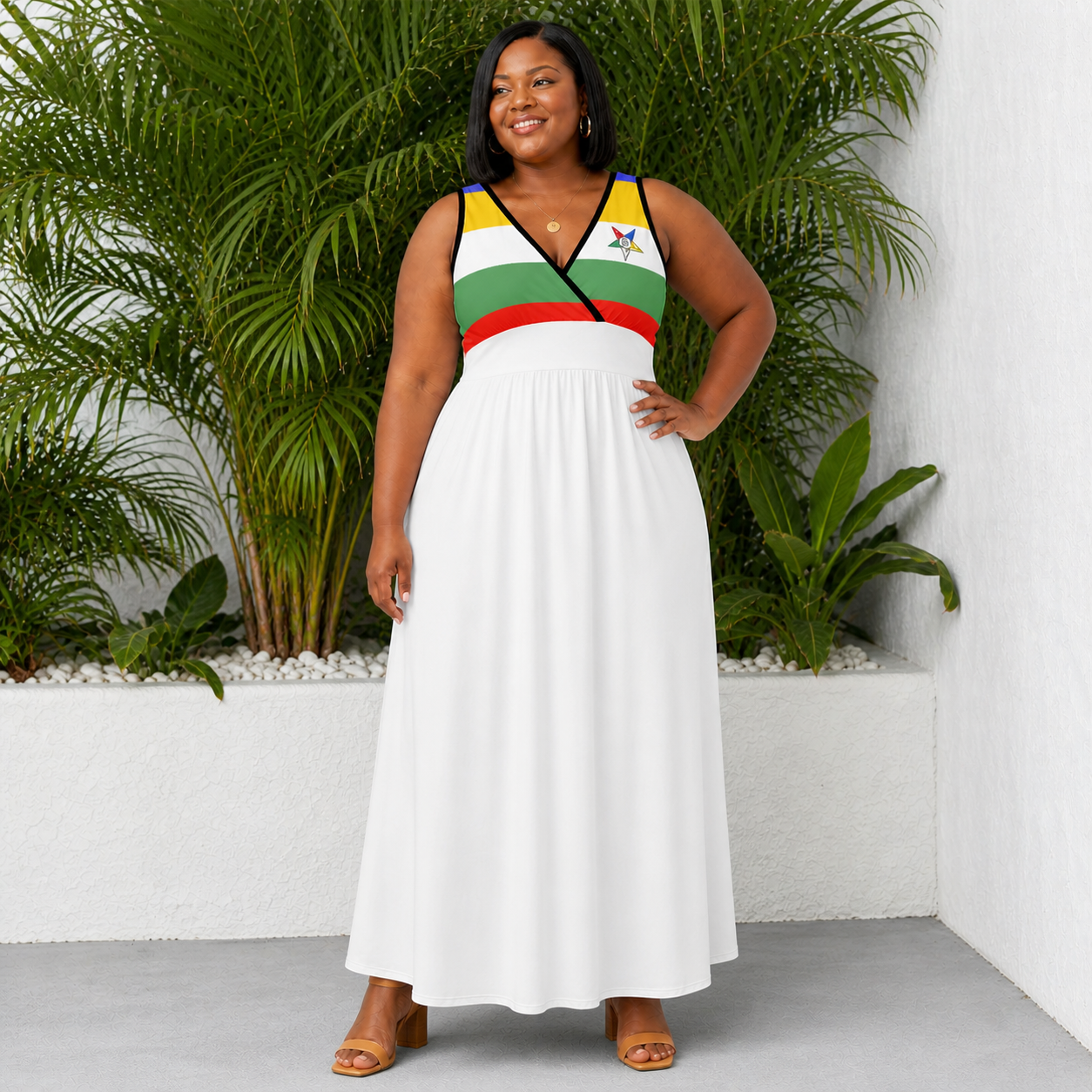 OES Dress - Sleeveless White with Eastern Star & Colors - Bricks Masons