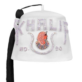 DOI Fez Hat - Pure White With Rhinestones (2 Rows as pictured) - Bricks Masons