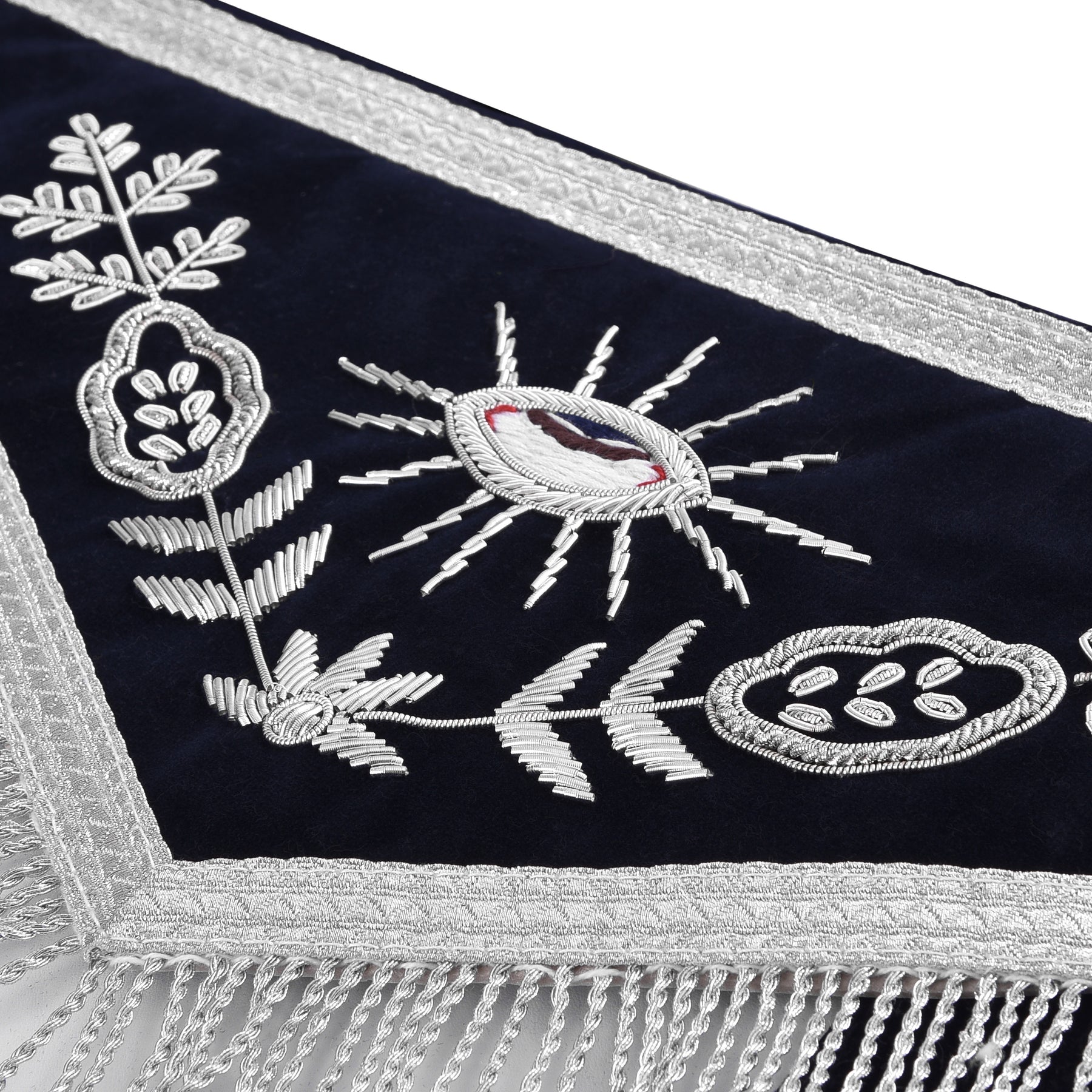 Senior Deacon Blue Lodge California Officer Apron - Dark Blue With Silver Hand Embroidery Bullion