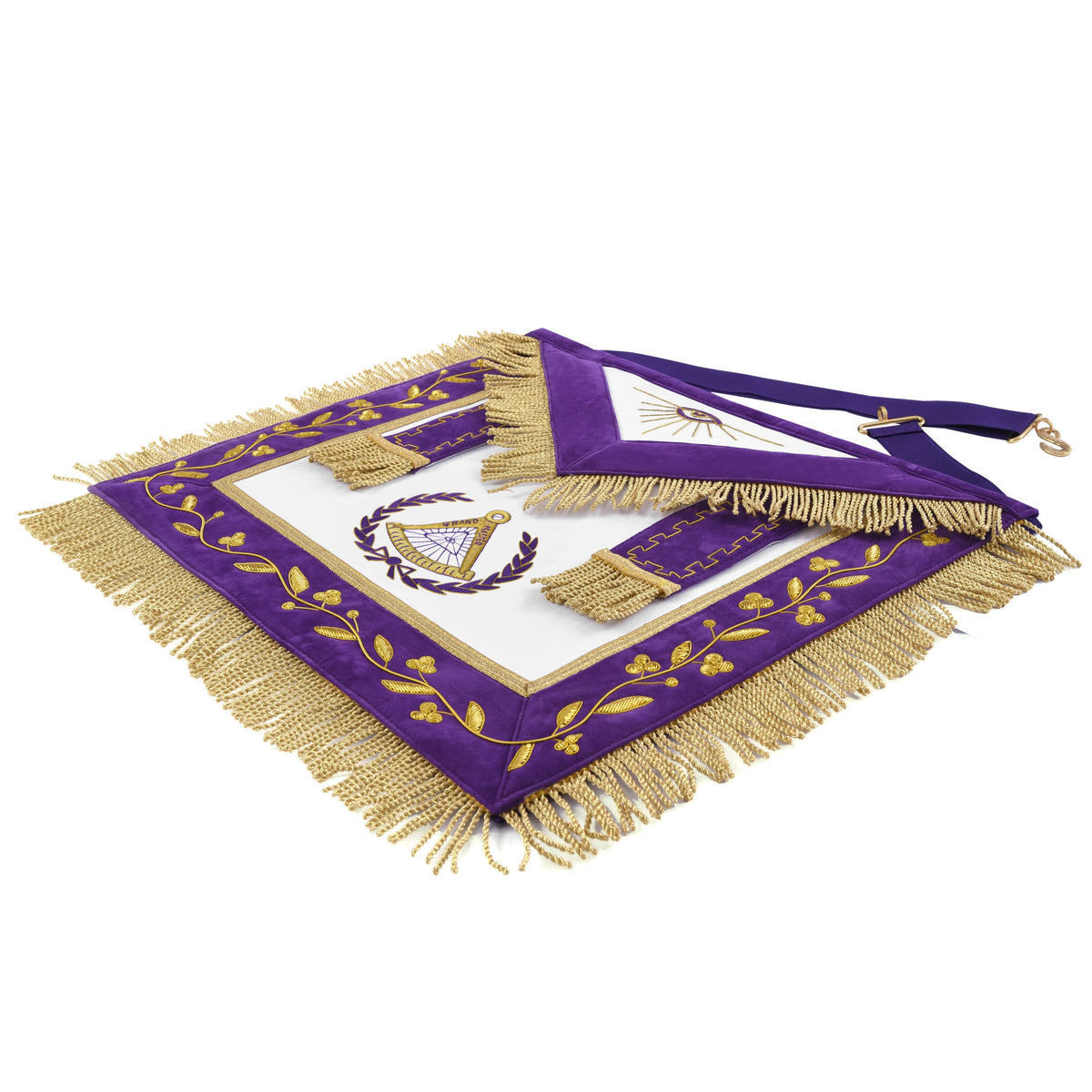 Grand Master Blue Lodge Apron - Purple Velvet Gold Bullion With Golden Braid Fringe - Bricks Masons
