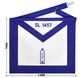 Junior Warden Blue Lodge Officer Apron - Blue Ribbon With Machine Embroidery Customizable Flap - Bricks Masons