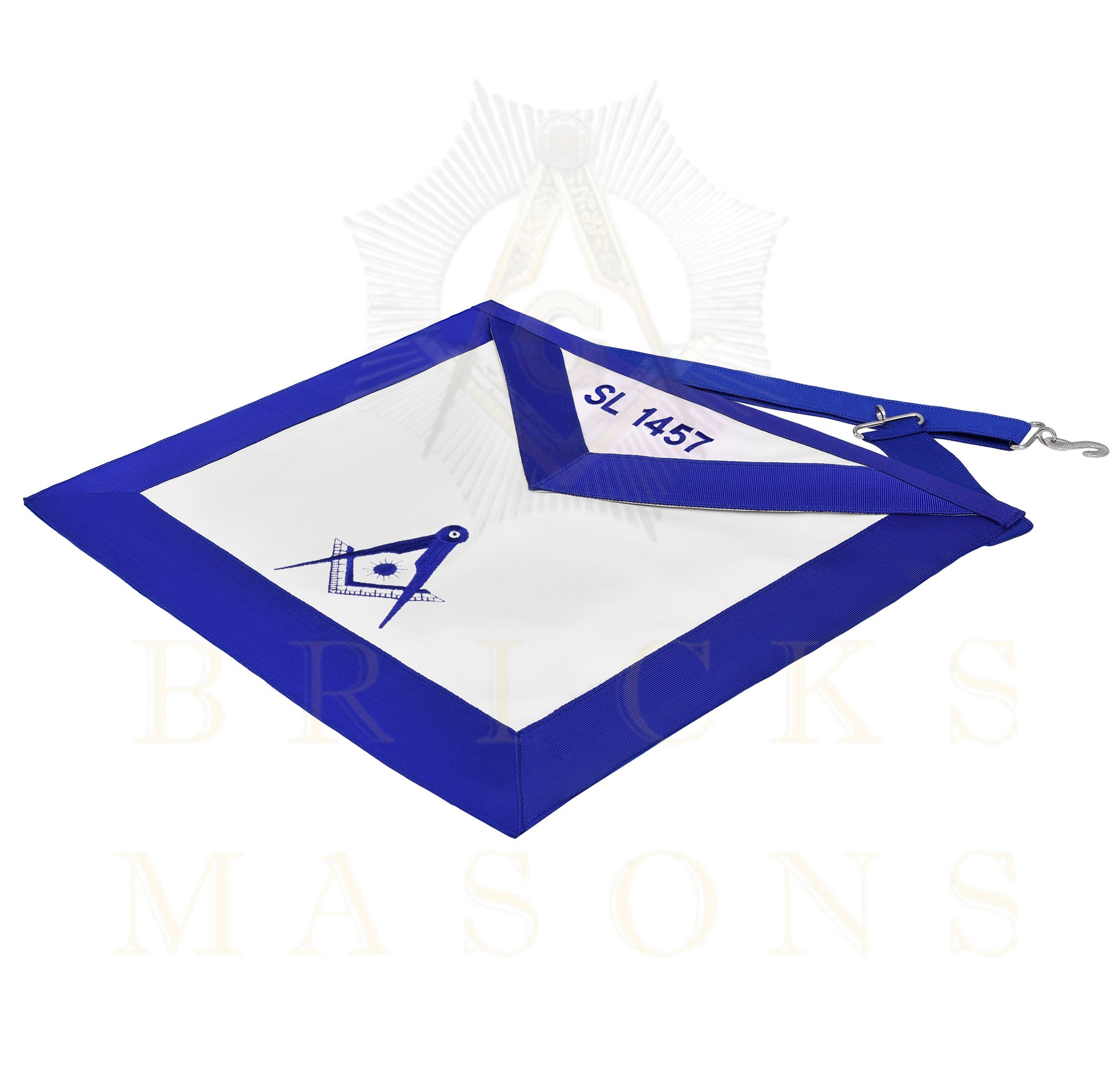 Senior Deacon Blue Lodge Officer Apron - Blue Ribbon With Machine Embroidery Customizable Flap - Bricks Masons