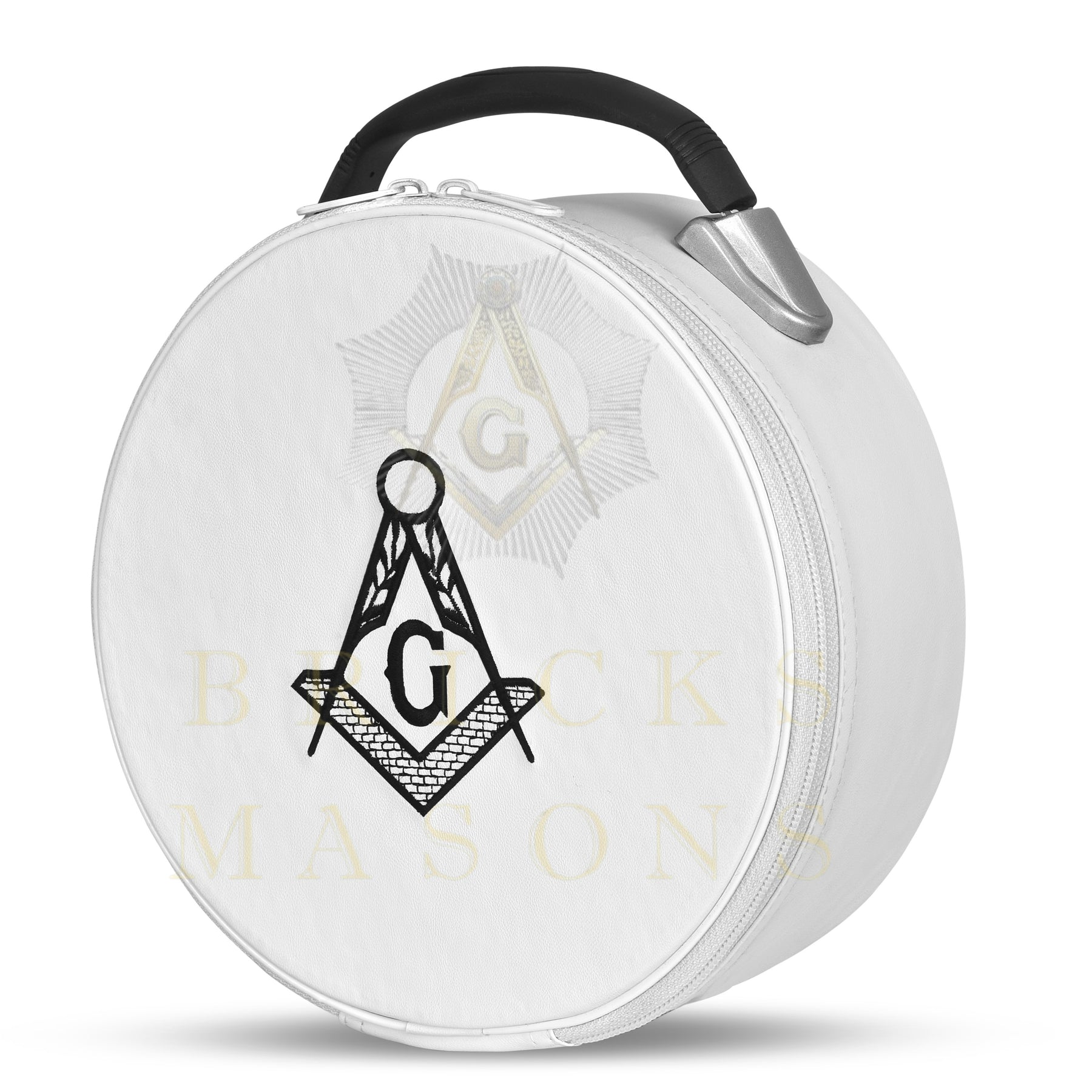 Master Mason Blue Lodge Crown Cap Case - White Imitation Leather With Hand Embroidery Bullion - Bricks Masons
