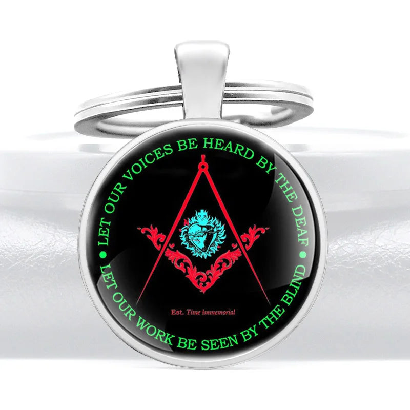 Master Mason Blue Lodge Keychain - Let Our Voices Be Heard By The Deaf Blind Design Glass Cabochon - Bricks Masons