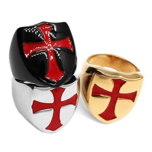 Knights Templar Commandery Ring - Armor Shield Red Cross (Black/Gold/Silver)