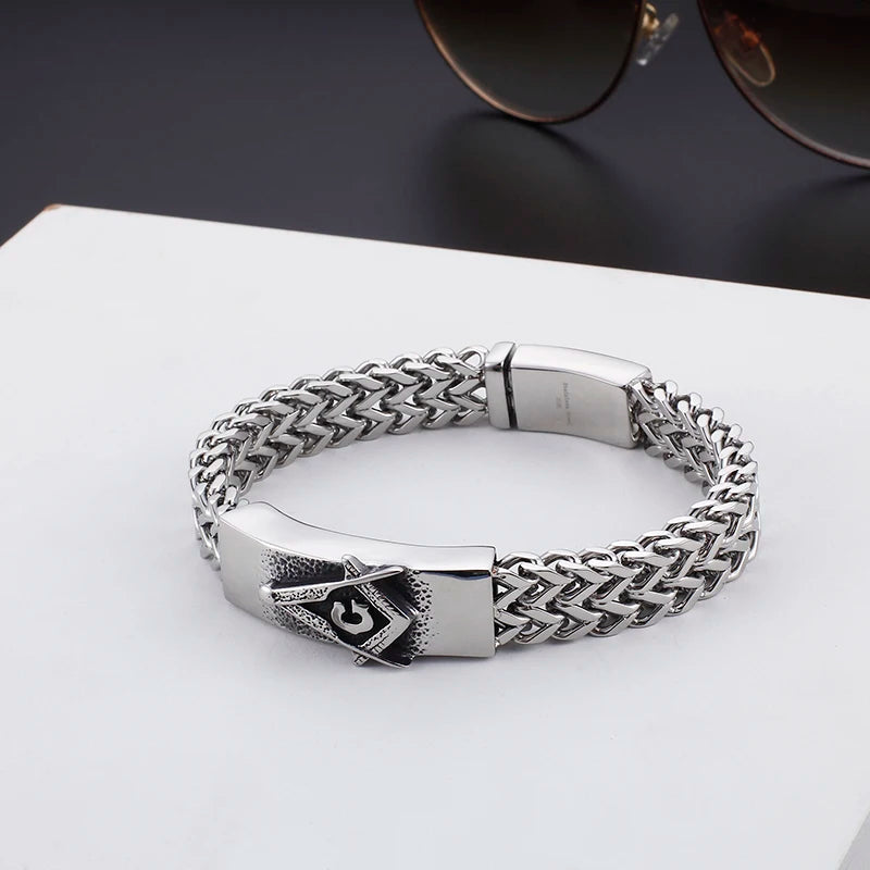 Master Mason Blue Lodge Bracelet - 316L Stainless Steel Figaro Chain - Bricks Masons