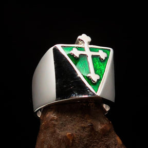 Knights Templar Commandery Ring - Silver & Green Cross Sterling Silver