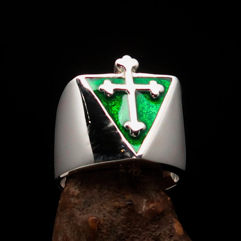 Knights Templar Commandery Ring - Silver & Green Cross Sterling Silver