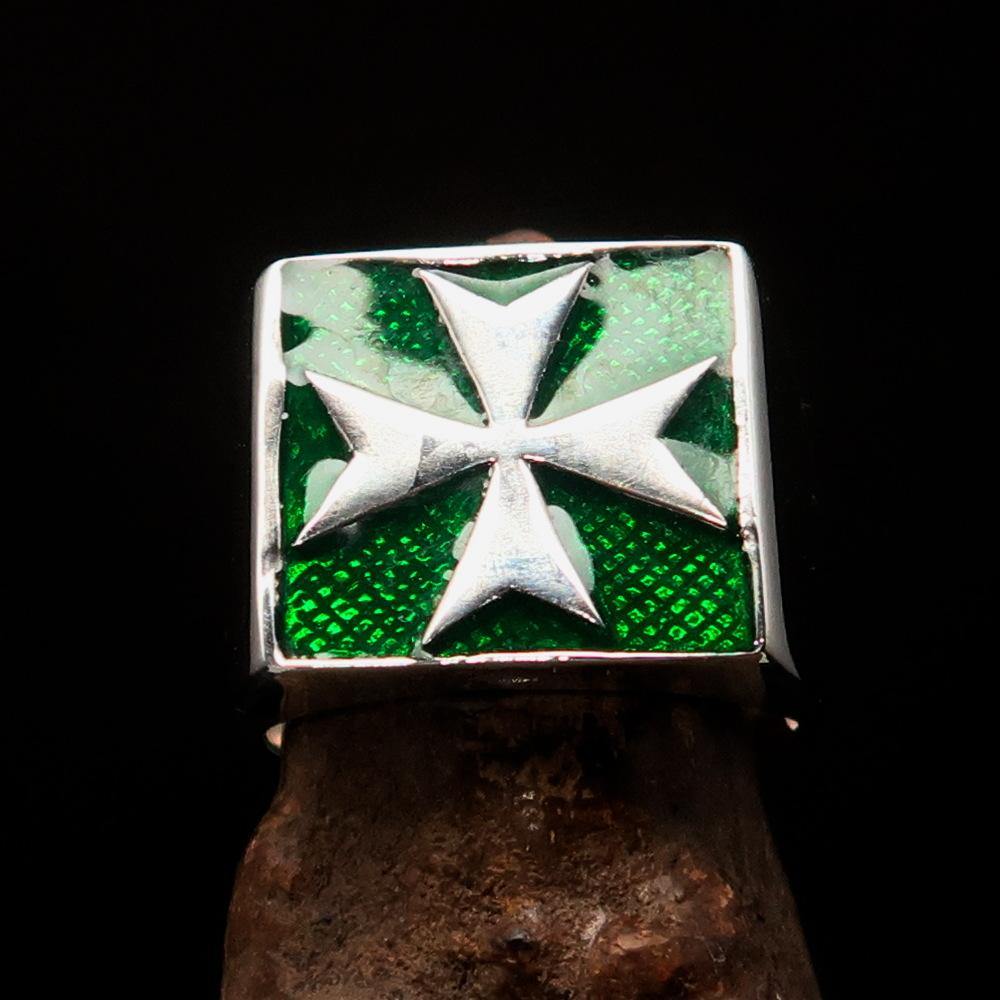 Order of Malta Commandery Ring - Green & Silver Cross Sterling Silver