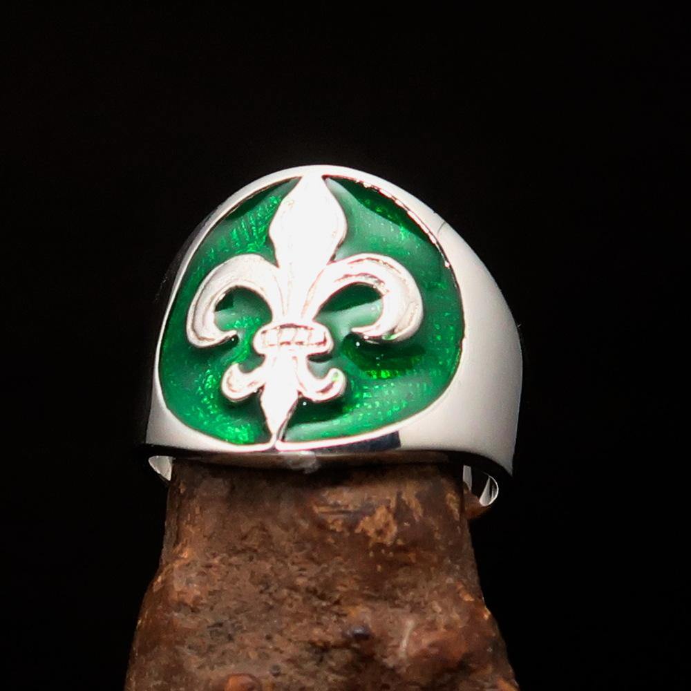 Knights Templar Commandery Ring - Green Fleur De Lis Sterling Silver