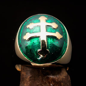 Knights Templar Commandery Ring - Green Brass Lorraine Cross