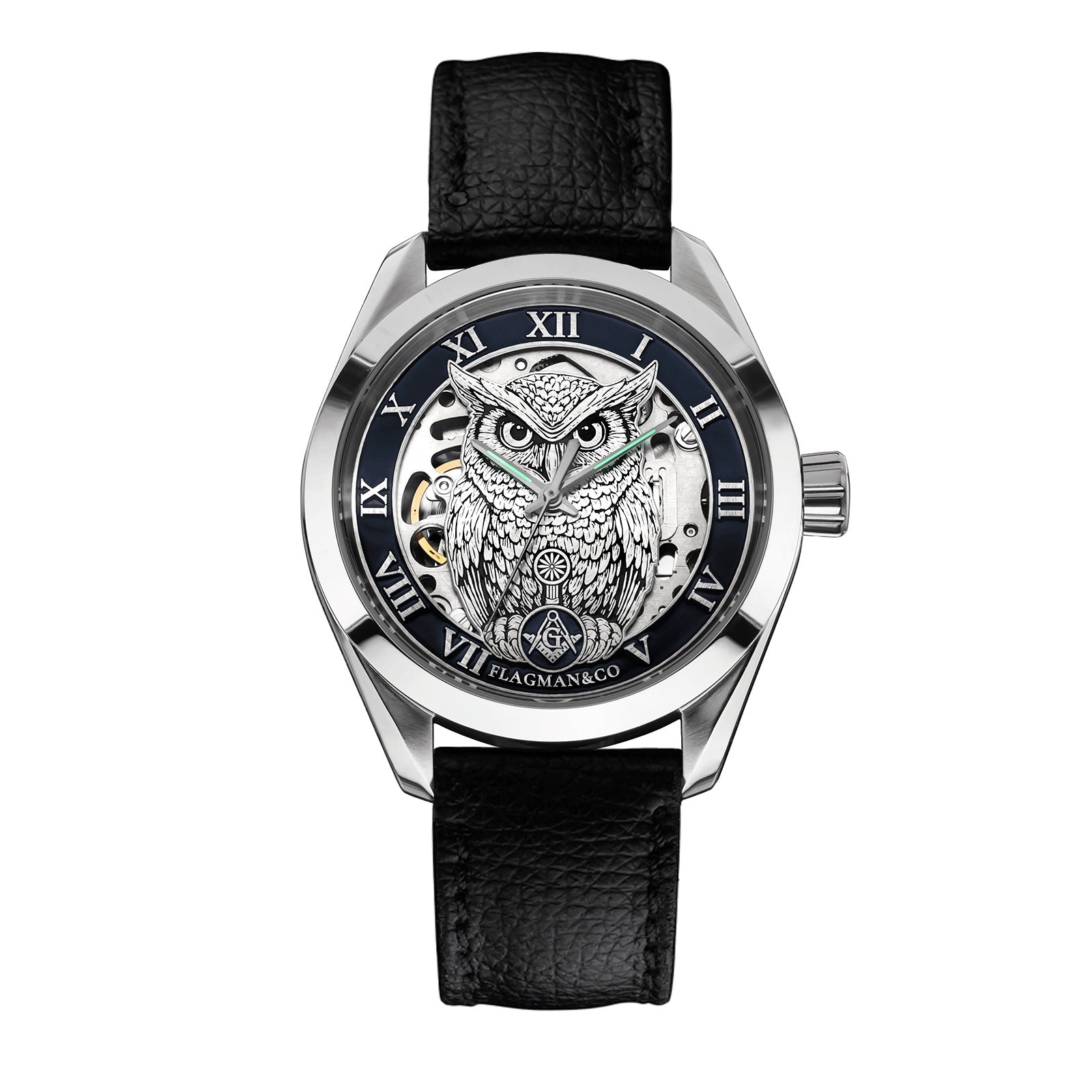 Reloj de pulsera Master Mason Blue Lodge - Búho con bisel azul, escuadra y compás G
