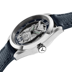 Reloj de pulsera Master Mason Blue Lodge - Búho con bisel azul, escuadra y compás G