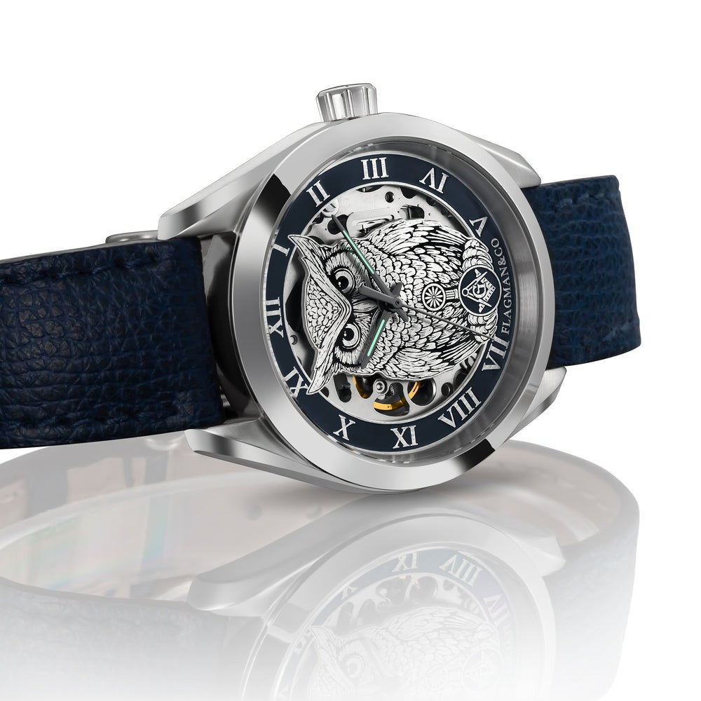 Reloj de pulsera Master Mason Blue Lodge - Búho con bisel azul, escuadra y compás G