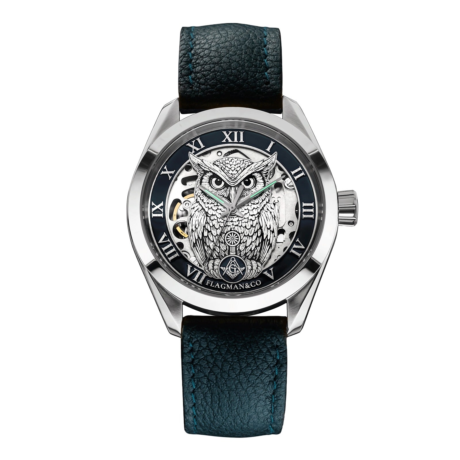 Reloj de pulsera Master Mason Blue Lodge - Búho con bisel azul, escuadra y compás G
