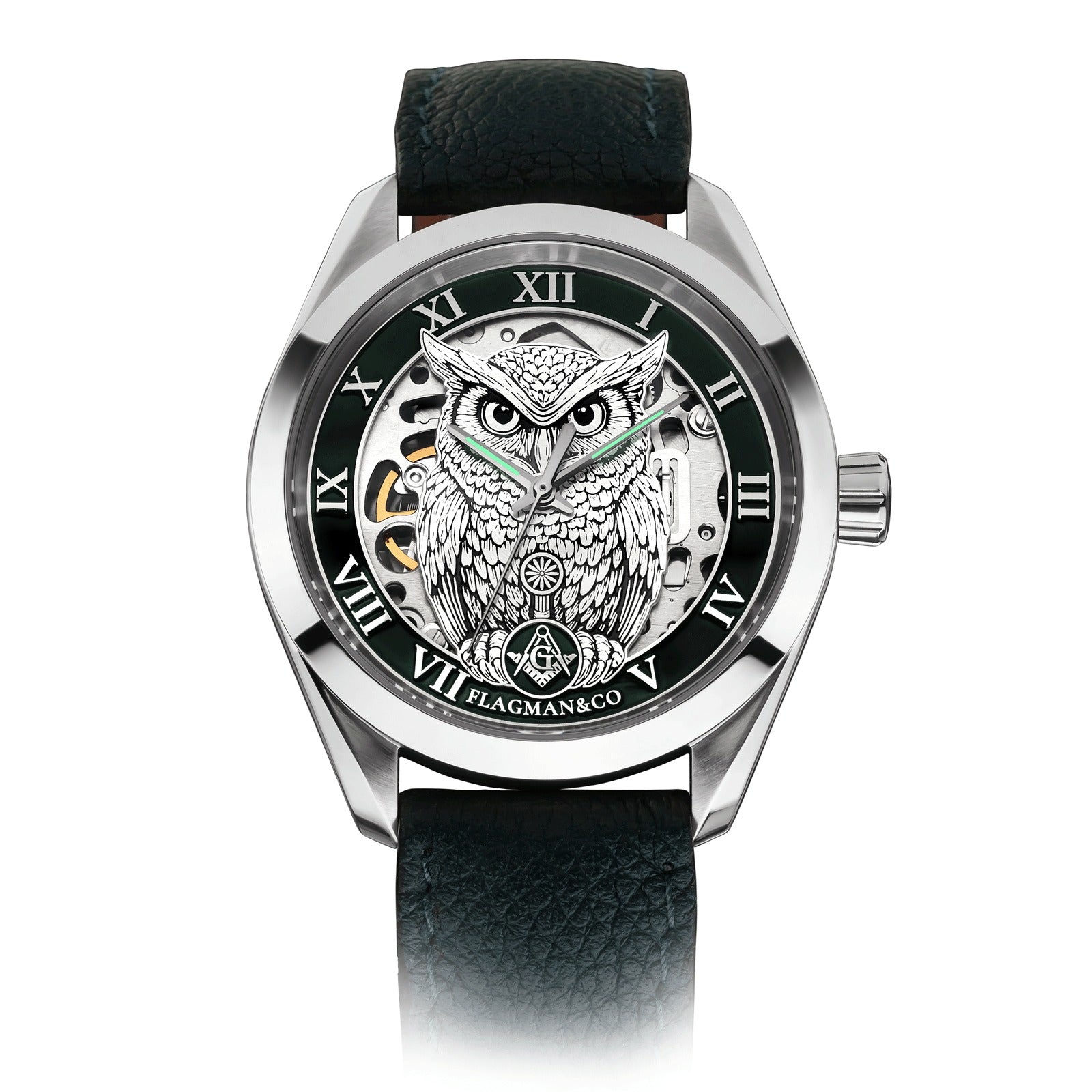 Reloj de pulsera Master Mason Blue Lodge - Bisel verde cuadrado y brújula G con búho