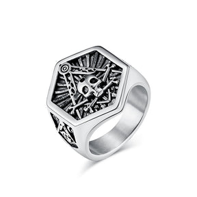 Master Mason, Widows Sons Blue Lodge Ring - Hexagon Silver Skull & Bones - Bricks Masons