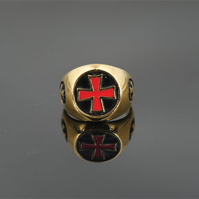 Red Cross of Constantine Ring -  Gold Titanium Steel With Red Cross - Bricks Masons