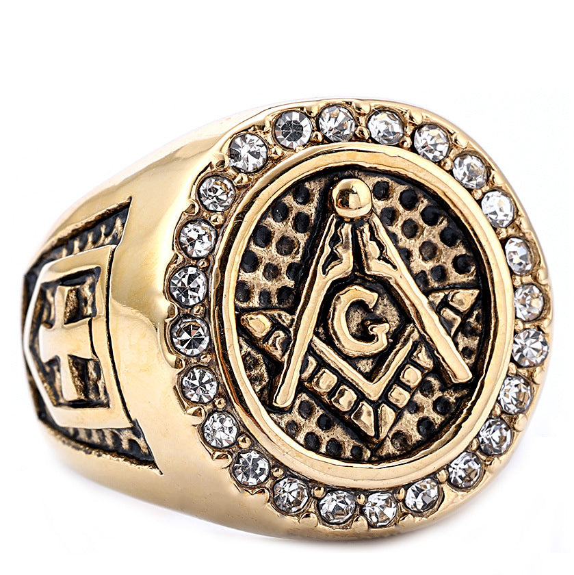 Master Mason Blue Lodge Ring - Black and Gold Zirconia Square & Compass G - Bricks Masons