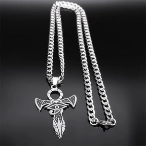 Ancient Egypt Necklace - Eye Of Horus Stainless Steel Ankh Cross - Bricks Masons