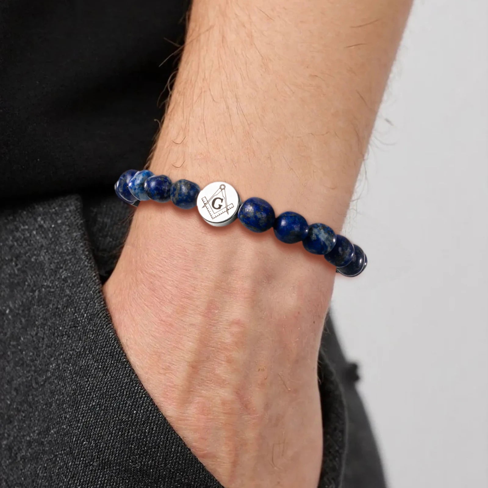 Master Mason Blue Lodge Bracelet - Stainless Steel With Natural Blue Stones - Bricks Masons