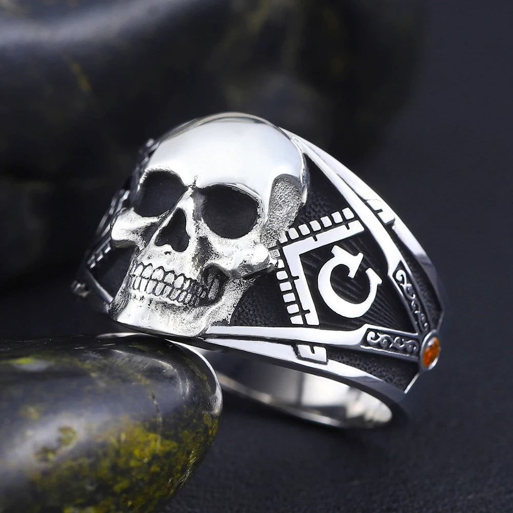 Anillo de la Logia Azul de Maestro Masón - Escuadra y Compás G con Calavera Antigua