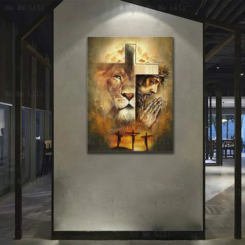 Ancient Israel Canvas -  Lion Of Judah And Cross Desert Jesus Portrait Canvas - Bricks Masons