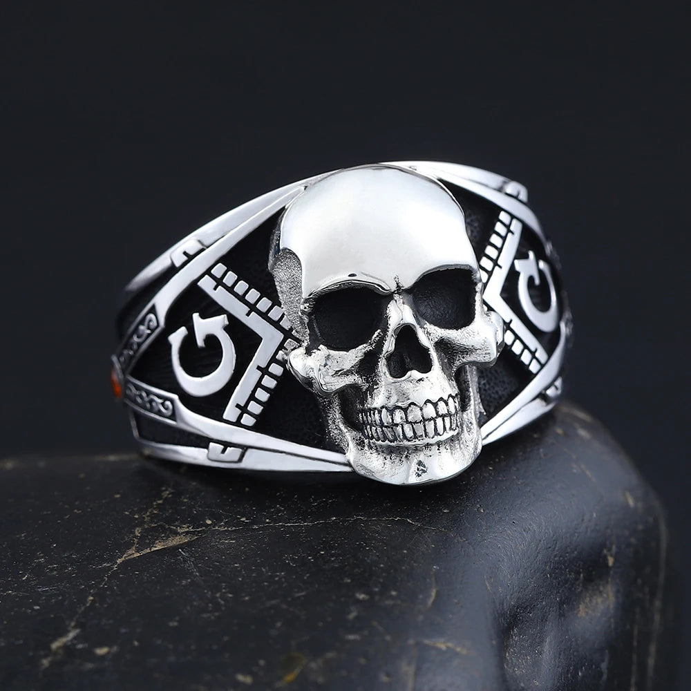 Anillo de la Logia Azul de Maestro Masón - Escuadra y Compás G con Calavera Antigua