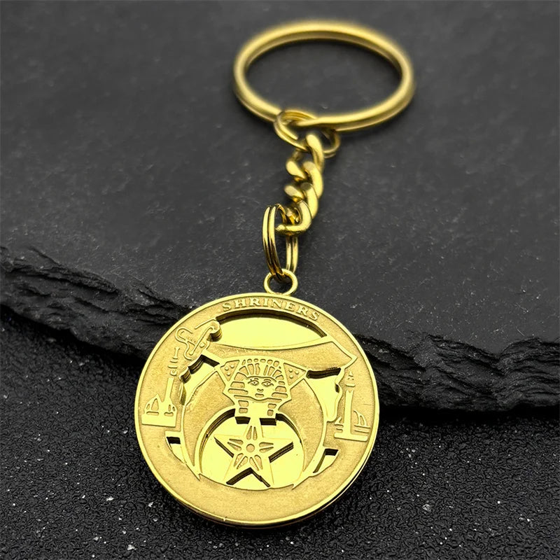 Shriners Keychain - Metal Keyring Stainless Steel Gold Color - Bricks Masons
