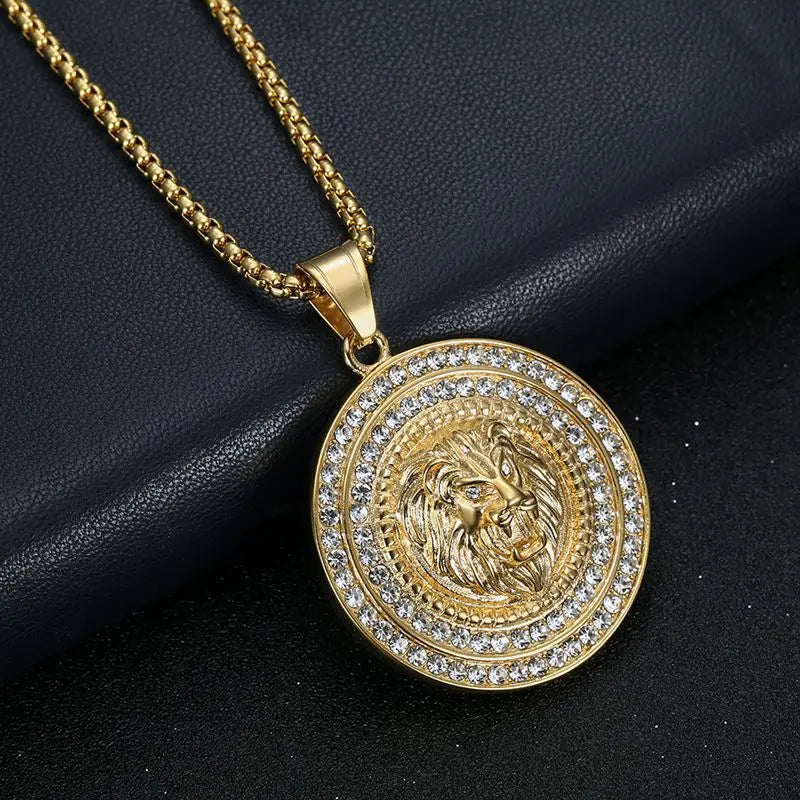 Ancient Israel Necklace - Gold Color stainless steel Lion Head with rhinestone Pendant Necklace - Bricks Masons