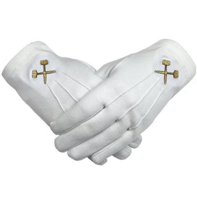 French Rite Gloves - White Cotton with Gold Crossed Trowels - Bricks Masons