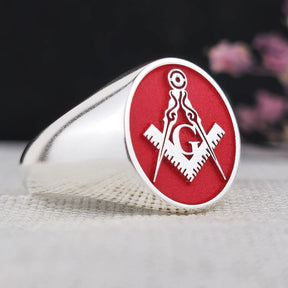 Master Mason Blue Lodge Ring - Red With Silver Square & Compass G - Bricks Masons