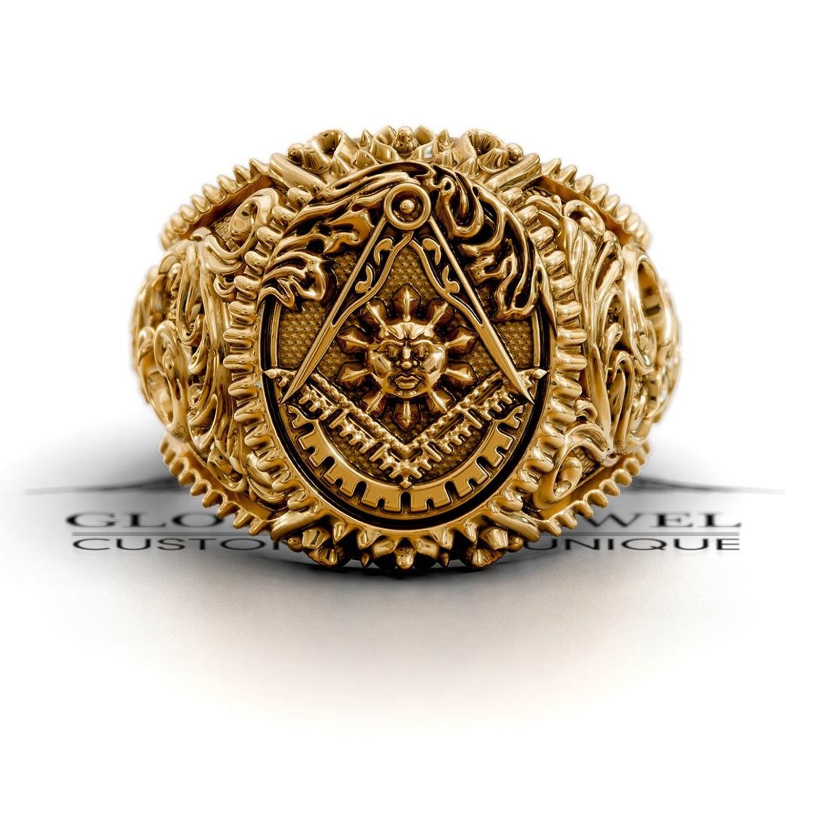 Master Mason Blue Lodge Ring - Square & Compass With Sun Various Materials - Bricks Masons