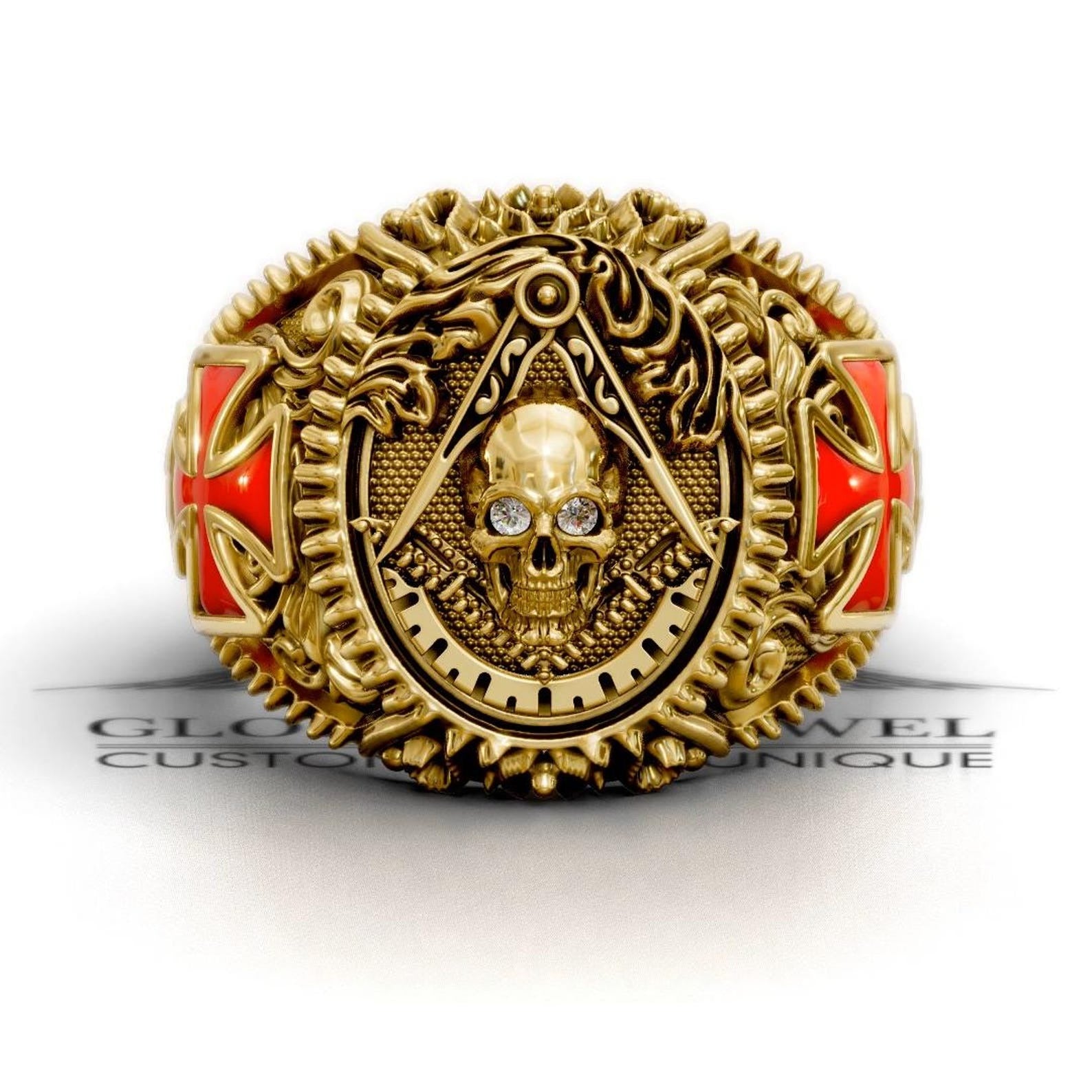 Master Mason Blue Lodge Ring - Square & Compass With Skull & Red Cross - Bricks Masons