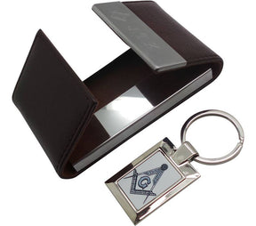 Master Mason Blue Lodge Credit Card Holder - With A Silver Keyring Custom Engraving Initials - Bricks Masons