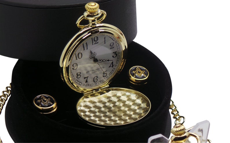 Master Mason Blue Lodge Pocket Watch - Cufflinks Personalised Full Hunter Gift Set in Case - Bricks Masons