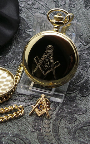Master Mason Blue Lodge Pocket Watch - 24k Gold Lapel Pin Badge and Hunter Case Personalised - Bricks Masons