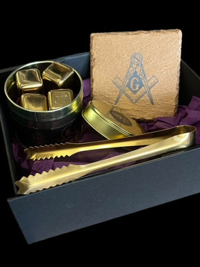Master Mason Blue Lodge Reusable Ice Cubes - Gold Tongs Slate Coaster 6 Piece Gift Set - Bricks Masons