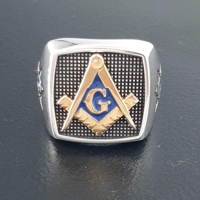 Master Mason Blue Lodge Ring - Sterling Silver With Square & Compass G - Bricks Masons