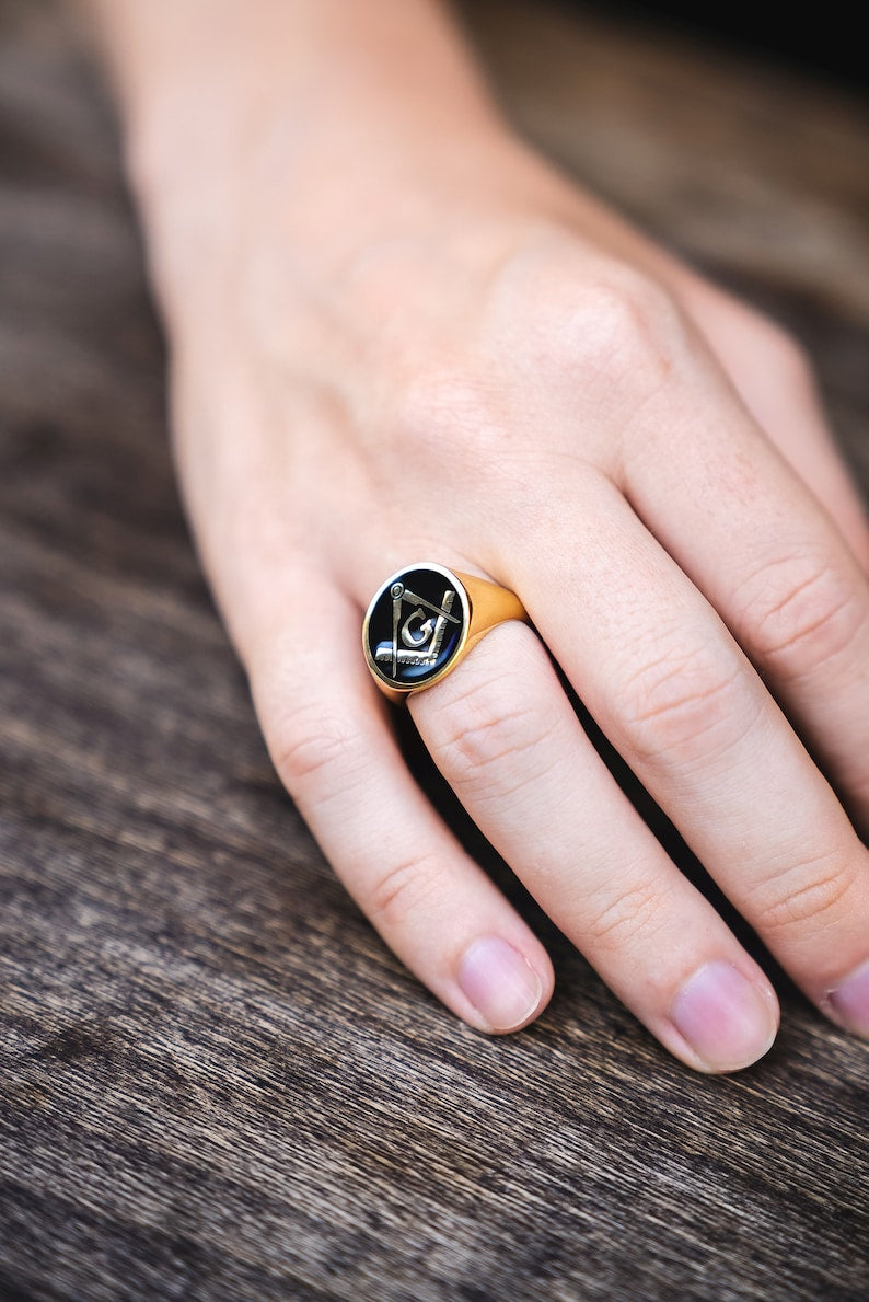 Master Mason Blue Lodge Ring - Gold With Black Enamel 9K to 18k Solid Gold - Bricks Masons
