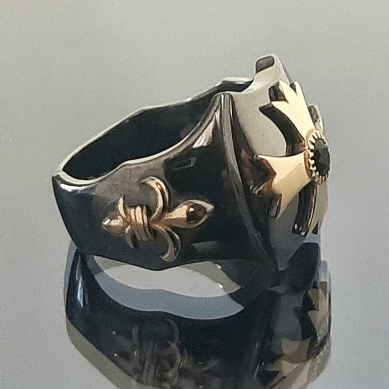 Knights Templar Ring - Gold Plated Cross Sterling Silver & Blue Sapphire - Bricks Masons