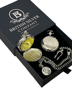 Master Mason Blue Lodge Pocket Watch - Custom Engraving Silver Chain - Bricks Masons