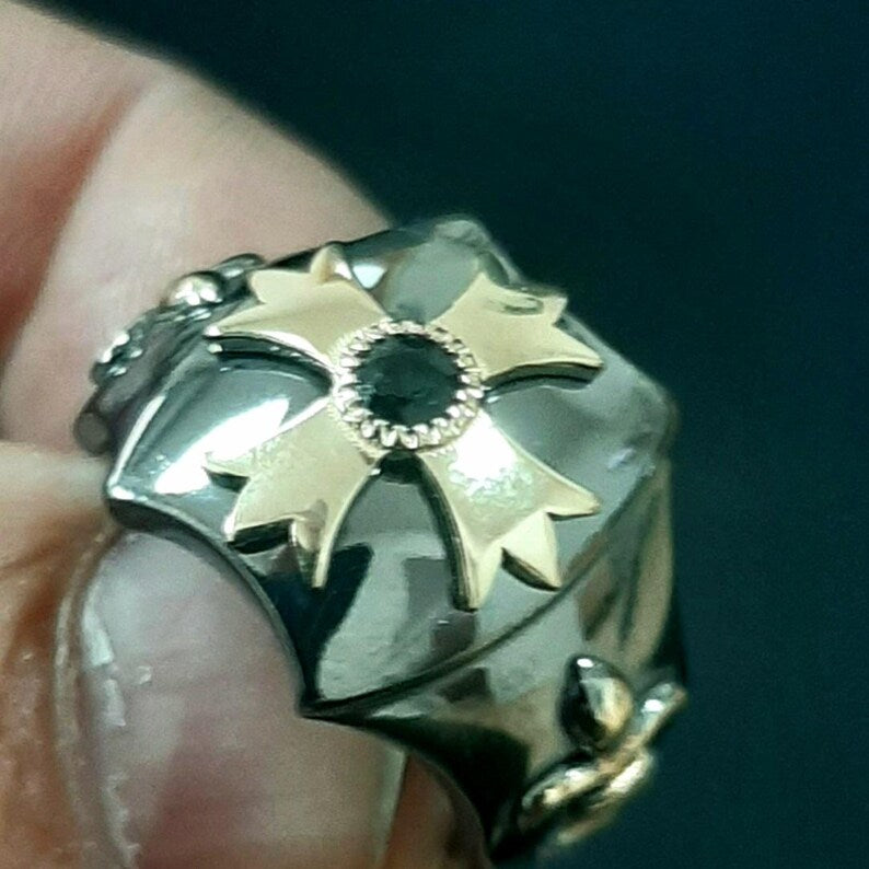 Knights Templar Ring - Gold Plated Cross Sterling Silver & Blue Sapphire - Bricks Masons